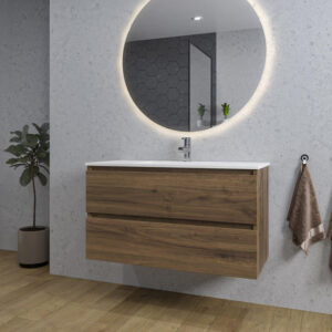 Adema Chaci Badkamermeubelset - 100x46x57cm - 1 keramische wasbak wit - 1 kraangat - 2 lades - ronde spiegel met verlichting - noten (hout) SW718698/SW804532/SW161922