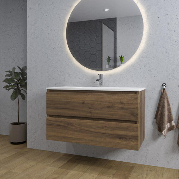 Adema Chaci Badkamermeubelset - 100x46x57cm - 1 keramische wasbak wit - 1 kraangat - 2 lades - ronde spiegel met verlichting - noten (hout) SW718698/SW804532/SW161922