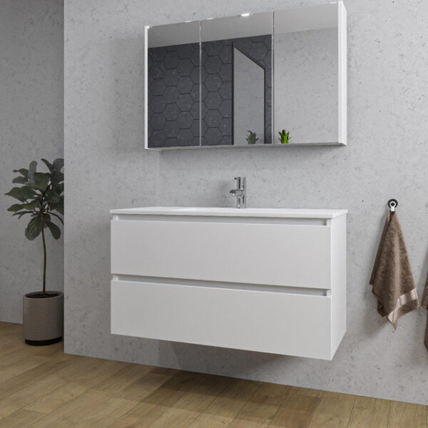 Adema Chaci Badkamermeubelset - 100x46x57cm - 1 keramische wasbak wit - 1 kraangat - 2 lades - Spiegelkast - mat wit SW718710/SW804532/SW812068/SW812070