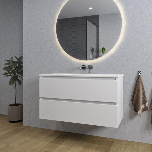 Adema Chaci Badkamermeubelset - 100x46x57cm - 1 keramische wasbak wit - zonder kraangaten - 2 lades - ronde spiegel met verlichting - mat wit SW718710/SW773927/SW161922