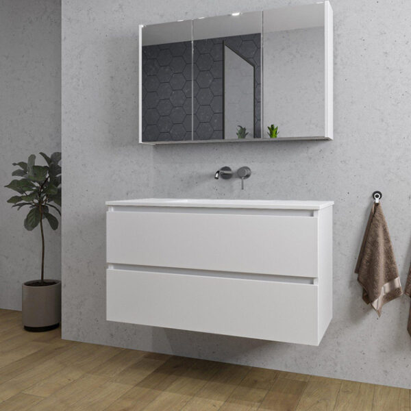 Adema Chaci Badkamermeubelset - 100x46x57cm - 1 keramische wasbak wit - zonder kraangaten - 2 lades - Spiegelkast - mat wit SW718710/SW773927/SW812068/SW812070