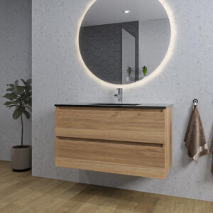 adema chaci badkamermeubelset 100x46x57cm 1 keramische wasbak zwart 1 kraangat 2 lades ronde spiegel met verlichting kaneel sw816290