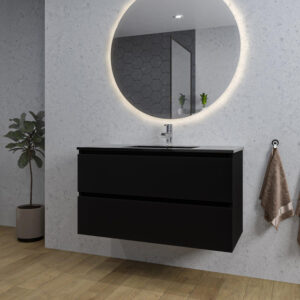 adema chaci badkamermeubelset 100x46x57cm 1 keramische wasbak zwart 1 kraangat 2 lades ronde spiegel met verlichting mat zwart sw816293