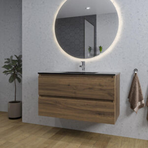 Adema Chaci Badkamermeubelset - 100x46x57cm - 1 keramische wasbak zwart - 1 kraangat - 2 lades - ronde spiegel met verlichting - noten (hout) SW718698/SW761656/SW161922