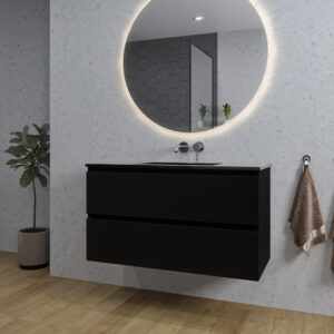 adema chaci badkamermeubelset 100x46x57cm 1 keramische wasbak zwart zonder kraangaten 2 lades ronde spiegel met verlichting mat zwart sw816297