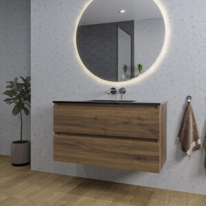 Adema Chaci Badkamermeubelset - 100x46x57cm - 1 keramische wasbak zwart - zonder kraangaten - 2 lades - ronde spiegel met verlichting - noten (hout) SW718698/SW773932/SW161922