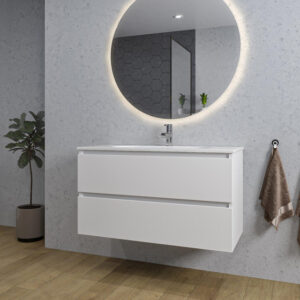 Adema Chaci Badkamermeubelset - 100x46x57cm - 1 ovale keramische wasbak wit - 1 kraangat - 2 lades - ronde spiegel met verlichting - mat wit SW718710/SW718718/SW161922