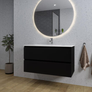 Adema Chaci Badkamermeubelset - 100x46x57cm - 1 ovale keramische wasbak wit - 1 kraangat - 2 lades - ronde spiegel met verlichting - mat zwart SW718706/SW718718/SW161922