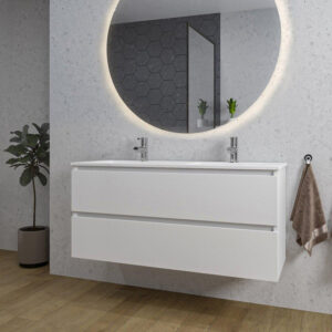 adema chaci badkamermeubelset 120x46x57cm 2 keramische wasbakken wit 2 kraangaten 2 lades ronde spiegel met verlichting mat wit sw816305