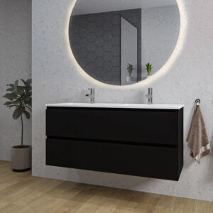 Adema Chaci Badkamermeubelset - 120x46x57cm - 2 keramische wasbakken wit - 2 kraangaten - 2 lades - ronde spiegel met verlichting - mat zwart SW718707/SW804533/SW161923