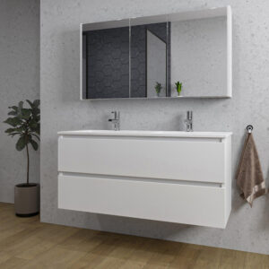 Adema Chaci Badkamermeubelset - 120x46x57cm - 2 keramische wasbakken wit - 2 kraangaten - 2 lades - Spiegelkast - mat wit SW718711/SW804533/SW812069/SW812070