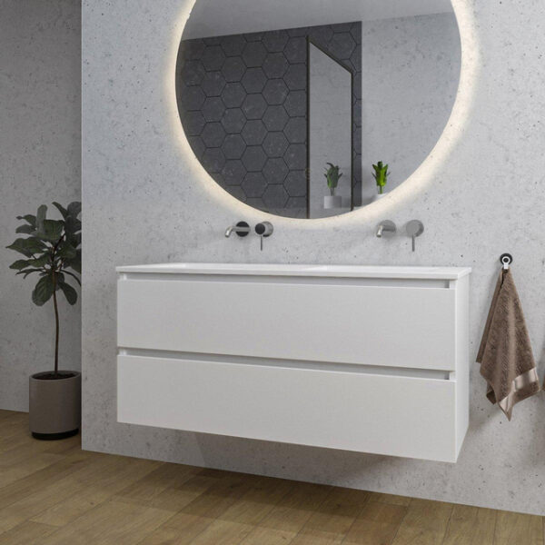 Adema Chaci Badkamermeubelset - 120x46x57cm - 2 keramische wasbakken wit - zonder kraangaten - 2 lades - ronde spiegel met verlichting - mat wit SW718711/SW773928/SW161923