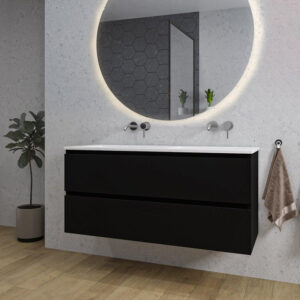 adema chaci badkamermeubelset 120x46x57cm 2 keramische wasbakken wit zonder kraangaten 2 lades ronde spiegel met verlichting mat zwart sw816496