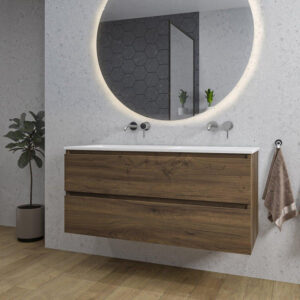 adema chaci badkamermeubelset 120x46x57cm 2 keramische wasbakken wit zonder kraangaten 2 lades ronde spiegel met verlichting noten hout sw816335