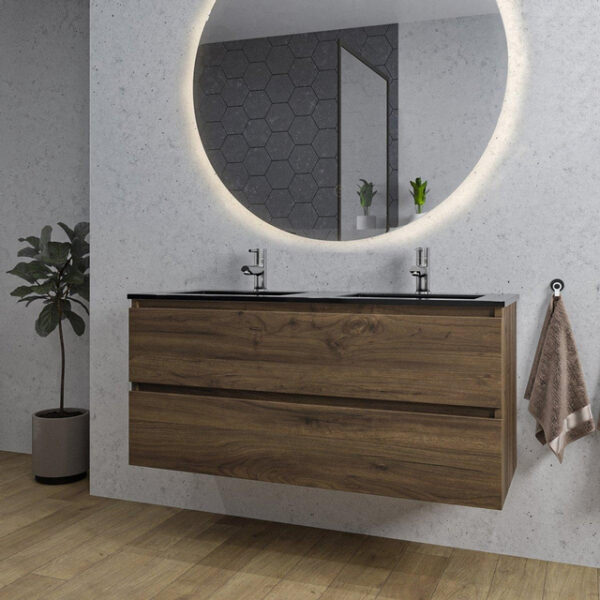 Adema Chaci Badkamermeubelset - 120x46x57cm - 2 keramische wasbakken zwart - 2 kraangaten - 2 lades - ronde spiegel met verlichting - noten (hout) SW718699/SW761657/SW161923