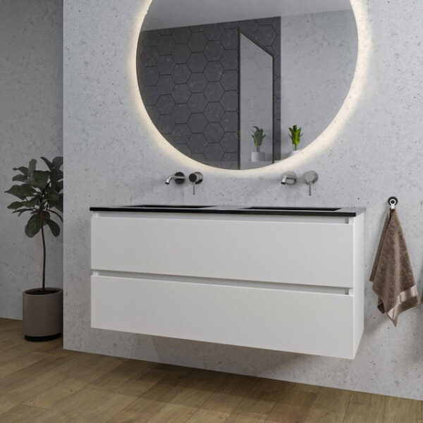 Adema Chaci Badkamermeubelset - 120x46x57cm - 2 keramische wasbakken zwart - zonder kraangaten - 2 lades - ronde spiegel met verlichting - mat wit SW718711/SW773933/SW161923