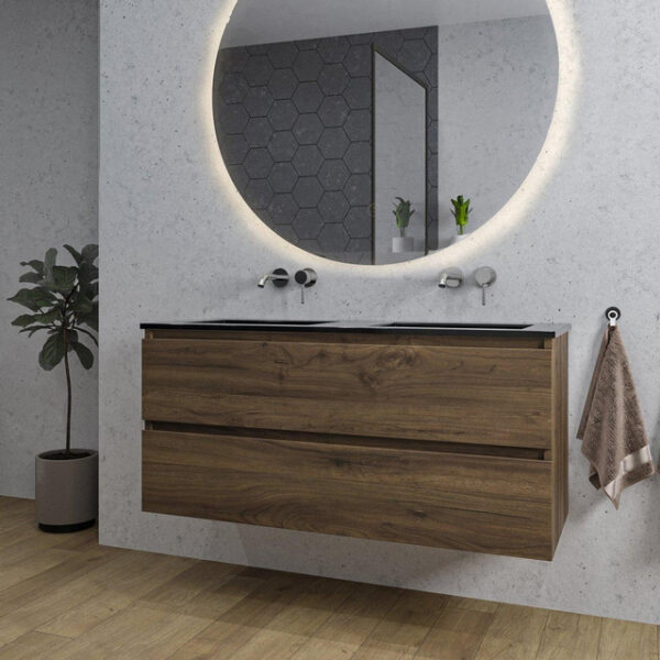 adema chaci badkamermeubelset 120x46x57cm 2 keramische wasbakken zwart zonder kraangaten 2 lades ronde spiegel met verlichting noten hout sw816502