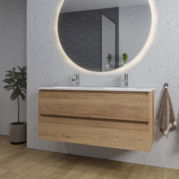 Adema Chaci Badkamermeubelset - 120x46x57cm - 2 ovale keramische wasbakken wit - 2 kraangaten - 2 lades - ronde spiegel met verlichting - kaneel SW718703/SW718719/SW161923