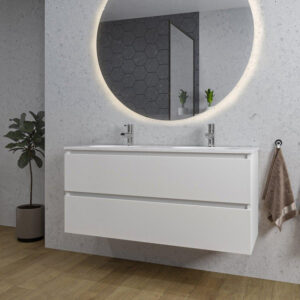 Adema Chaci Badkamermeubelset - 120x46x57cm - 2 ovale keramische wasbakken wit - 2 kraangaten - 2 lades - ronde spiegel met verlichting - mat wit SW718711/SW718719/SW161923