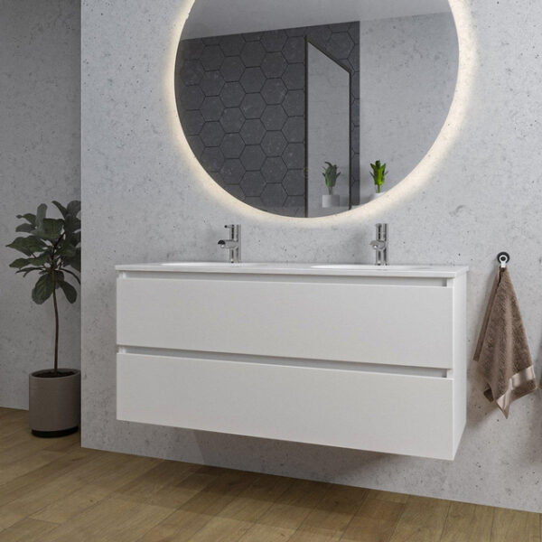 Adema Chaci Badkamermeubelset - 120x46x57cm - 2 ovale keramische wasbakken wit - 2 kraangaten - 2 lades - ronde spiegel met verlichting - mat wit SW718711/SW718719/SW161923