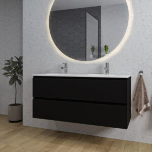 adema chaci badkamermeubelset 120x46x57cm 2 ovale keramische wasbakken wit 2 kraangaten 2 lades ronde spiegel met verlichting mat zwart sw816301