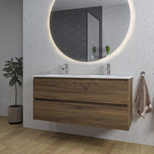 adema chaci badkamermeubelset 120x46x57cm 2 ovale keramische wasbakken wit 2 kraangaten 2 lades ronde spiegel met verlichting noten hout sw816299