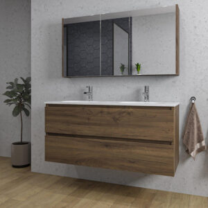 Adema Chaci Badkamermeubelset - 120x46x57cm - 2 ovale keramische wasbakken wit - 2 kraangaten - 2 lades - Spiegelkast - noten (hout) SW718699/SW718719/SW812069/SW812073