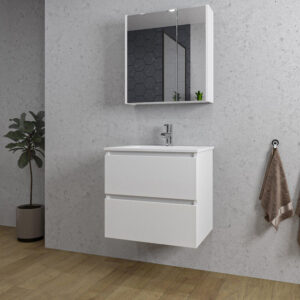 Adema Chaci Badkamermeubelset - 60x46x57cm - 1 keramische wasbak wit - 1 kraangat - 2 lades - Spiegelkast - mat wit SW718708/SW804530/SW812066/SW812070