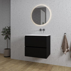 Adema Chaci Badkamermeubelset - 60x46x57cm - 1 keramische wasbak wit - zonder kraangaten - 2 lades - ronde spiegel met verlichting - mat zwart SW718704/SW773925/SW108325