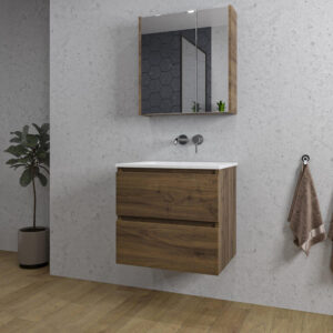 Adema Chaci Badkamermeubelset - 60x46x57cm - 1 keramische wasbak wit - zonder kraangaten - 2 lades - Spiegelkast - noten (hout) SW718696/SW773925/SW812066/SW812072