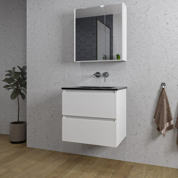 Adema Chaci Badkamermeubelset - 60x46x57cm - 1 keramische wasbak zwart - zonder kraangaten - 2 lades - Spiegelkast - mat wit SW718708/SW773930/SW812066/SW812070