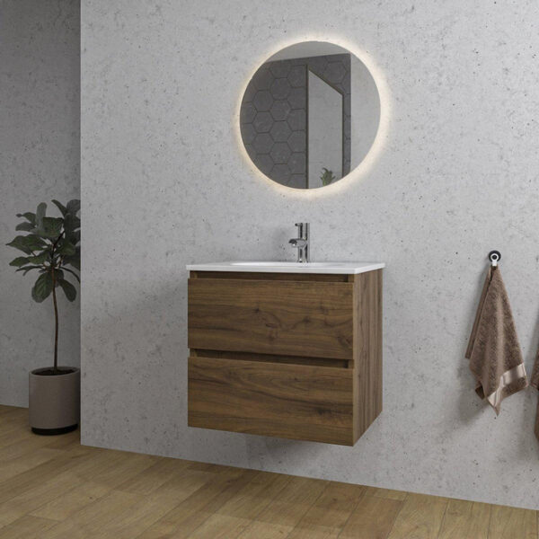 Adema Chaci Badkamermeubelset - 60x46x57cm - 1 ovale keramische wasbak wit - 1 kraangat - 2 lades - ronde spiegel met verlichting - noten (hout) SW718696/SW718716/SW108325