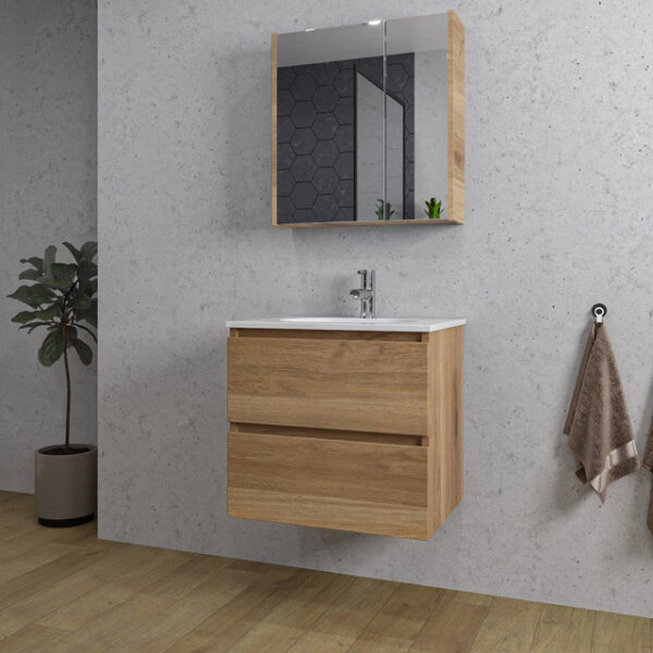 Adema Chaci Badkamermeubelset - 60x46x57cm - 1 ovale keramische wasbak wit - 1 kraangat - 2 lades - Spiegelkast - kaneel SW718700/SW718716/SW812066/SW812072