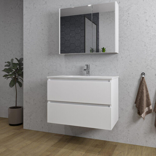 Adema Chaci Badkamermeubelset - 80x46x55cm - 1 keramische wasbak wit - 1 kraangat - 2 lades - Spiegelkast - mat wit SW718709/SW804531/SW812067/SW812071