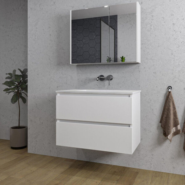 Adema Chaci Badkamermeubelset - 80x46x55cm - 1 keramische wasbak wit - zonder kraangaten - 2 lades - Spiegelkast - mat wit SW718709/SW773926/SW812067/SW812071