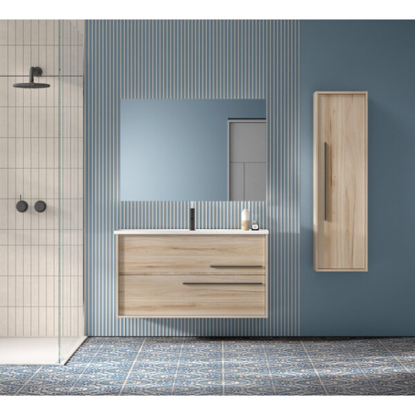 Adema Prime Essential Badkamermeubelset - 100x55x46cm - 1 rechthoekige wasbak wit - 1 kraangat - 2 lades - rechthoekige spiegel - beech (hout) SW892668/SW804532/SW724612