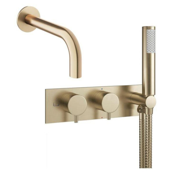 Crosswater MPRO inbouw thermostatisch badkraan horizontaal 2 functies met handdouche set met uitloop geborsteld messing (goud) sw385375/sw385438/sw454719/