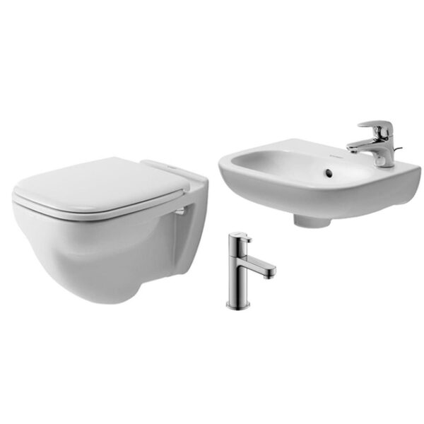 Duravit D Code toiletset diepspoel 35.5x54.5cm met closetzitting fontein kraangat rechts 36x27cm wit fonteinkraan chroom 0296237/sw85520/sw238430/