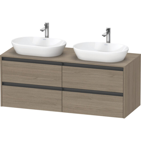 Duravit Ketho 2 wastafelonderbouwkast incl. consoleplaat met 4 laden voor dubbele waskommen 140x55x56.8cm met handgrepen antraciet eiken terra mat K24898B35350000