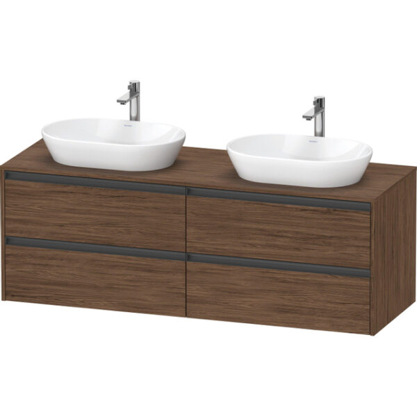 Duravit Ketho 2 wastafelonderbouwkast incl. consoleplaat met 4 laden voor dubbele waskommen 160x55x56.8cm met handgrepen antraciet donker noten mat K24899B21210000