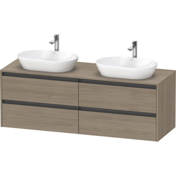 Duravit Ketho 2 wastafelonderbouwkast incl. consoleplaat met 4 laden voor dubbele waskommen 160x55x56.8cm met handgrepen antraciet eiken terra mat K24899B35350000