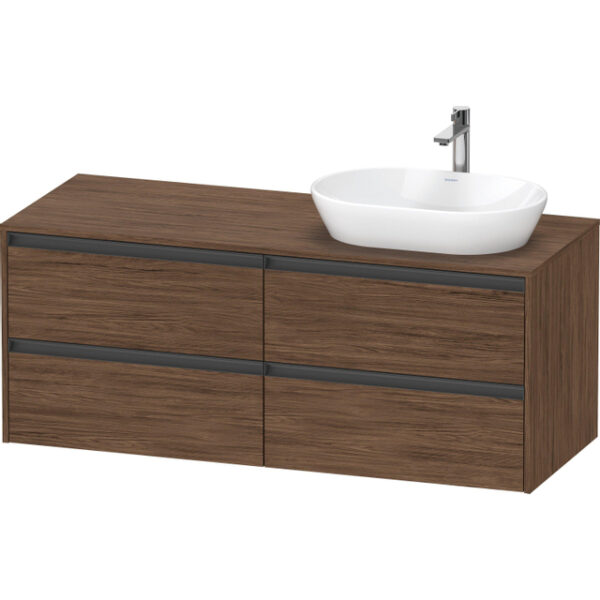 Duravit Ketho 2 wastafelonderbouwkast incl. consoleplaat met 4 laden voor waskom rechts 140x55x56.8cm met handgrepen antraciet donker noten mat K24898R21210000