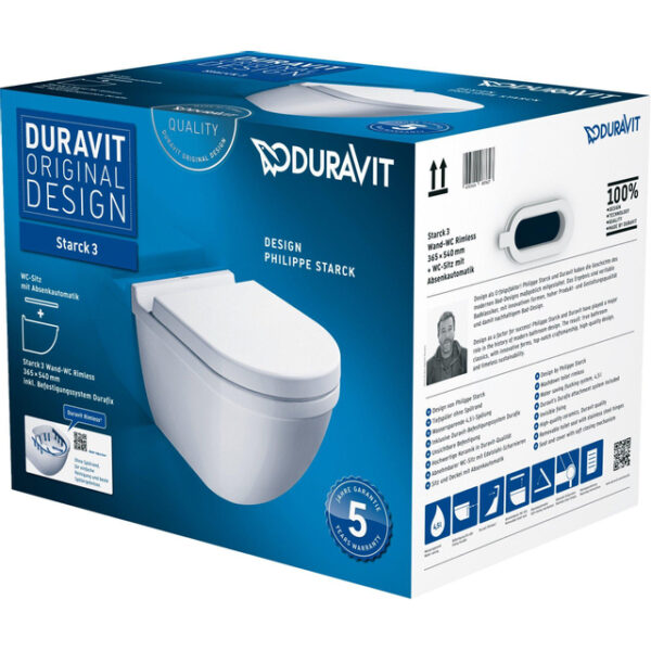 Duravit Starck 3 wandclosetset diepspoel spoelrandloos 36x54cm met softclose closetzitting Wondergliss wit 45270900A11