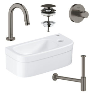 grohe euro fonteinset 37x18cm 1 kraangat zonder overloop gebogen brushed hard graphite kraan sifon afvoerplug handdoekhaak fontein rechthoek wit sw523962