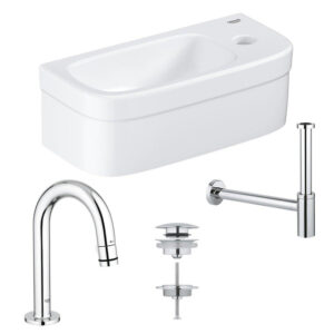 grohe euro fonteinset 37x18cm 1 kraangat zonder overloop gebogen chromen kraan sifon afvoerplug fontein rechthoek wit sw657317