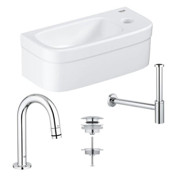 grohe euro fonteinset 37x18cm 1 kraangat zonder overloop gebogen chromen kraan sifon afvoerplug fontein rechthoek wit sw657317