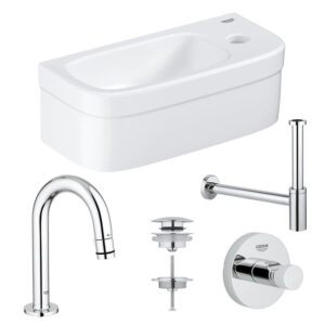 grohe euro fonteinset 37x18cm 1 kraangat zonder overloop gebogen chromen kraan sifon afvoerplug handdoekhaak fontein rechthoek wit sw453000