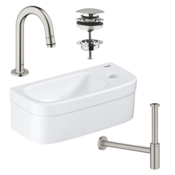 grohe euro fonteinset 37x18cm 1 kraangat zonder overloop gebogen super steel kraan sifon afvoerplug fontein rechthoek wit sw657320