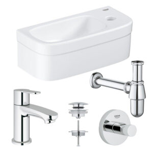 grohe euro fonteinset 37x18cm 1 kraangat zonder overloop rechte chromen kraan sifon afvoerplug handdoekhaak fontein rechthoek wit sw453059