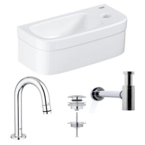 grohe euro fonteinset 37x18cm gebogen grohe kraan saniclass sifon afvoerplug chroom wit sw679981